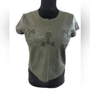 Romeo & Juliet Couture Embroidered Faux Leather Green Short Sleeve Blouse, S